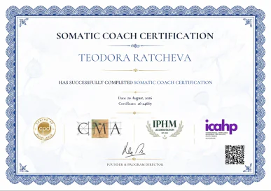 Сертификат Somatic Coach Certification на Теодора Рачева, 20 август 2026 г.