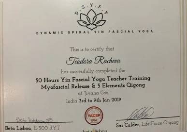 Сертификат за 50-часово обучение Yin Fascial Yoga Teacher Training на Теодора Рачева, Гоа, януари 2019 г.