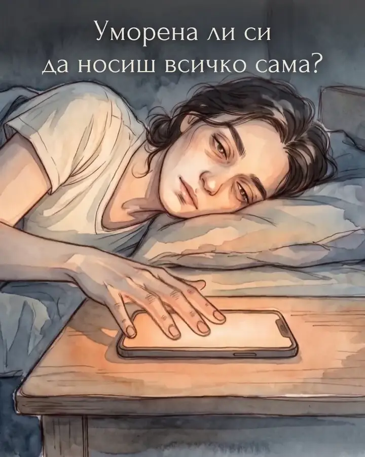 Акварел: уморена жена лежи и докосва светещия телефон, над нея въпросът „Уморена ли си да носиш всичко сама?“